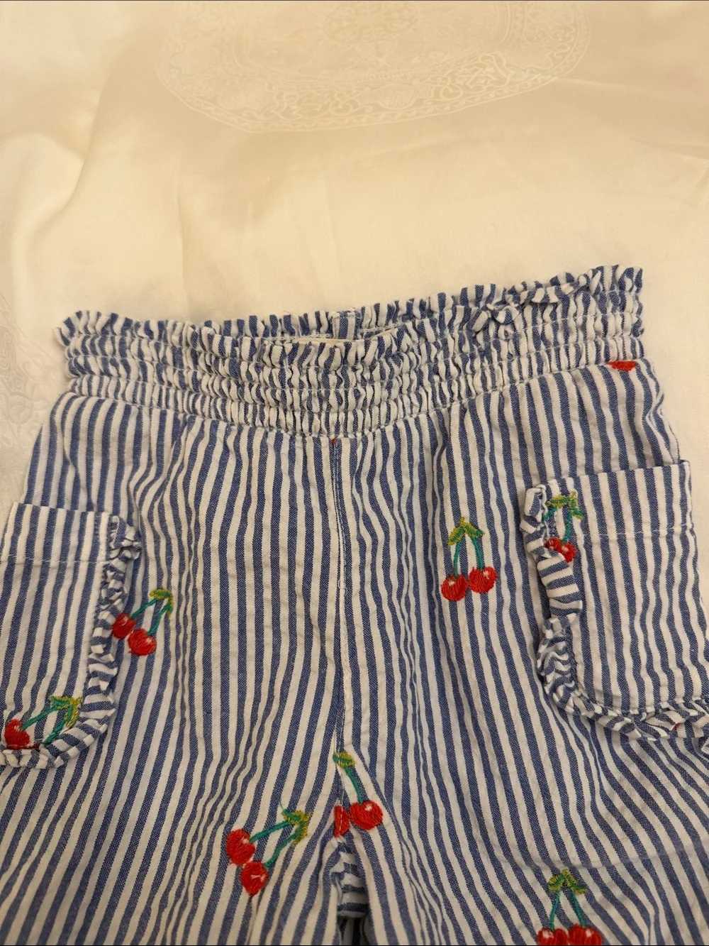 Mini Boden Blue & White Seersucker Striped Cherry Set with Ruffle Detail